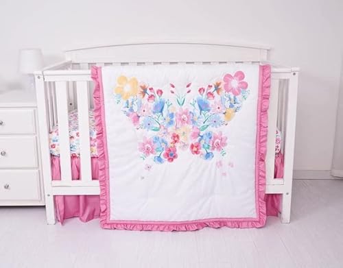 KIDDOS Juego de ropa de cama para cuna de bebé de 3 piezas para niñas, microfibra de lujo, flores de mariposa