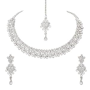 atasi international silver plated alloy choker necklace jewellery set with earrings & maang tikka for women (white)