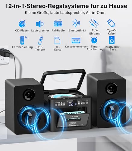 Greadio Stereoanlage mit CD Player und Kassettenrekorder, 40W Lautsprecher, Bluetooth 5.1, Kompaktanlage mit UKW Radio/USB/TF/AUX/Fernbedienung, HiFi Musikanlage (Schwarz)