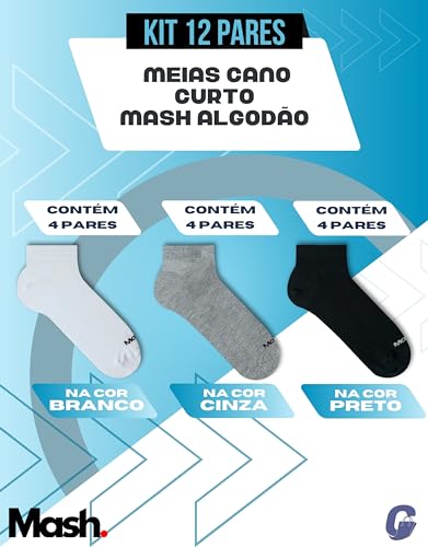 MASH Kit 12 Pares Meias Cano Curto Algodão Adulto Unissex, 4 Branca - 4 Cinza - 4 Preto, 39-44