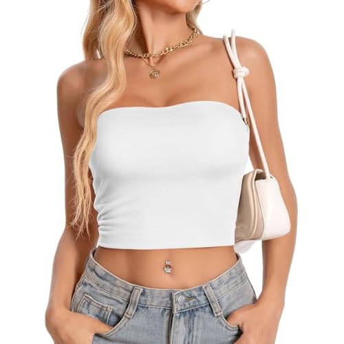 Women Tube Top Summer Strapless Crop Tops Basic Bandeau Going Out Y2k Short Shirt(White,S)