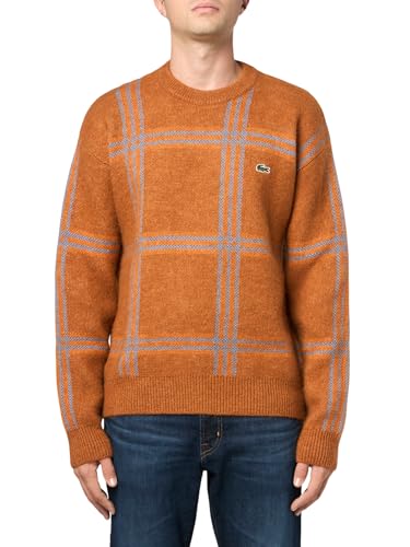 Lacoste Men's Unisex Relaxed Fit Tartan Pattern Blend Wool Sweater, Blue/Multicolor, X-Large