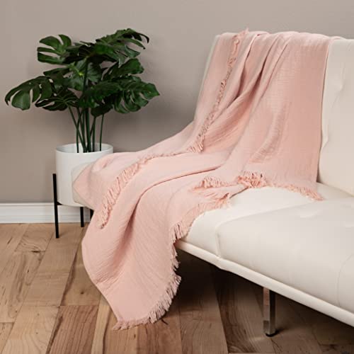 Sticky Toffee Blush Pink Muslin Throw Blanket With Fringe, Oeko-Tex Cotton Muslin Blankets For Adults, Soft Lightweight And Breathable Throw Blankets For Couch Bed Or Sofa, 50 In X 60 In #TOP2