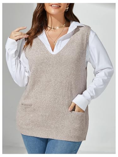 Image of OYOANGLE Women's Plus Size Sweater Vest V Neck Sleeveless Knit Sweaters Pullover Tank Tops with Pocket Beige XX-Large Plus