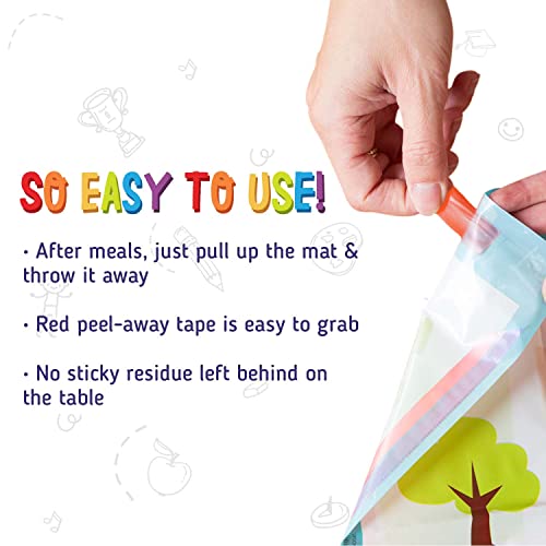 Merka Disposable Placemats for Baby & Toddler - 12 x 18 in, 40-Pack Multicolor - Peel & Stick Adhesive - Sticky Placemats for Toddlers - Educational Numbers, Letters & Shapes