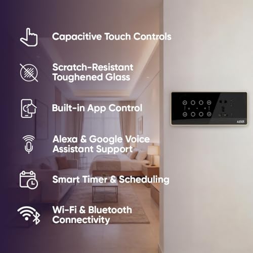 Image of AZIOT Smart Premium Toughened Glass Touch Switch Panel | Elevate 8 Module (4 Switch + 2 Fan + Socket) | WiFi + BLE | No Hub Required | Compatible with Alexa, Google Assistant & Siri | Black