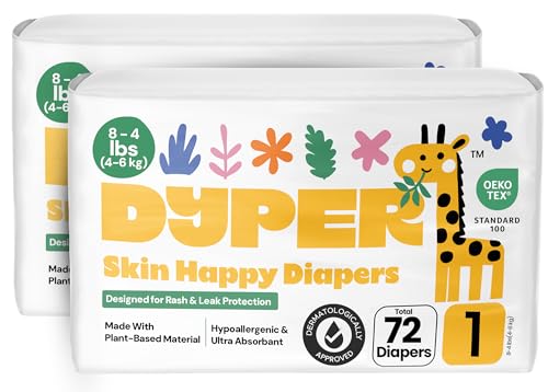 DYPER - Pack of 2 Baby Diapers Size 1 (72 Count) - Leak Proof, Plant Based, Hypoallergenic & Ultra Absorbent Disposable Diaper for Day & Overnight, Skin-Friendly Comfort Size 1 Diapers (8-14 lbs)