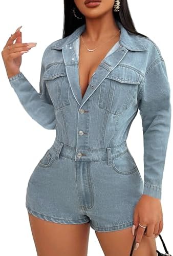 Women's Vintage Denim Jumpsuit Jean Romper Long Sleeve Button Down One Piece Stretchy Cargo Shorts with Pockets