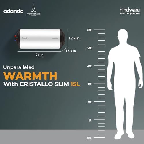 Image of Hindware Atlantic Cristallo Slim 15L Horizontal Storage Heater (Geyser) White, Wall Mounting