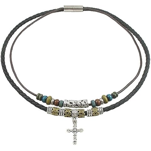 Ancient Tribe Unisex Hemp Genuine Leather Beads Beaded Choker Necklace,Black Cover