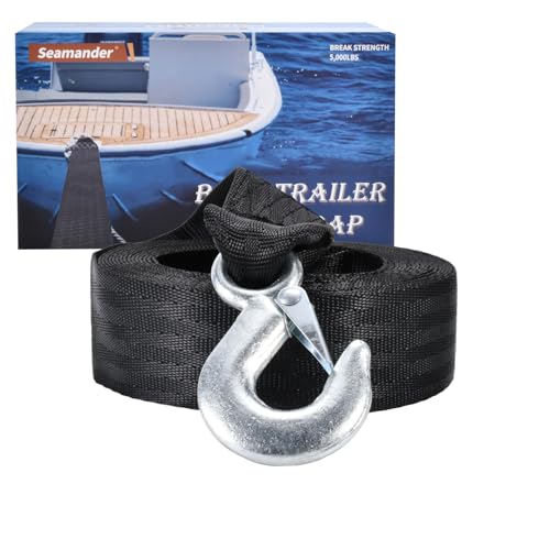Seamander Boat Winch Strap with Hook and Safety Latch - Loop End - 2" x 20' -5,000lbs (Black(20ft))
