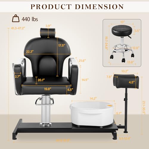 Black Pedicure Chair No Plumbing, 360° Swivel Hydraulic Adjustable Pedicure Foot Spa Chair for Nail Tech, Reclining Portable Pedicure Station Unit with Massage Bath Bowl and Footrest for Barber