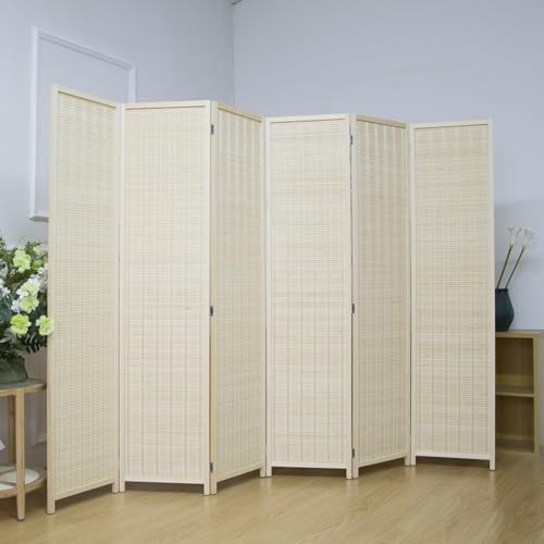 6 Panel Bamboo Room Divider, 5.6 FT Tall Folding Privacy Screen, Freestanding for Room Separation, Beige