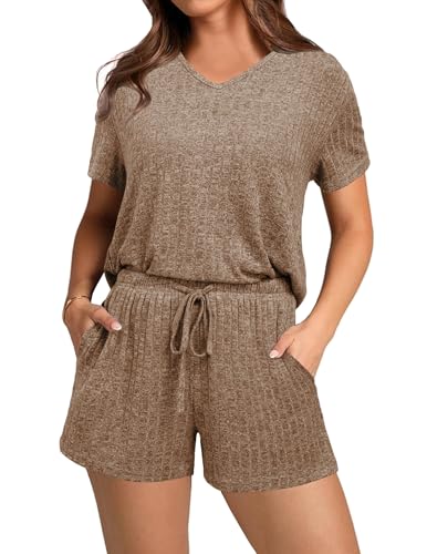 Image of Ekouaer Lounge Sets for Women 2 Piece Ribbed Knit Pajamas Short Sleeve Pj Tops and Shorts Sleepwear Casual Outfits Set