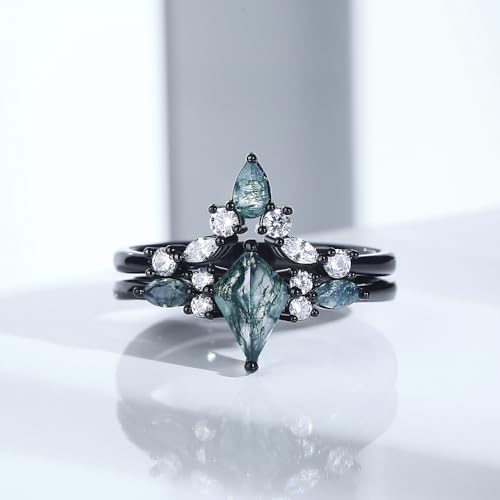 Black Moss Agate Engagement Ring Set for Women - Custom Kite Cut Moss Agate Wedding Ring, Personalized Promise Ring for Her Wife Bridal2