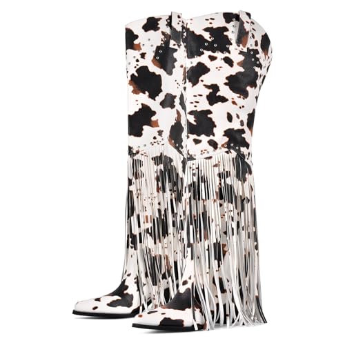 richealnini Cowboy Thigh High Boots for Women Wide Calf for Women with Tassels Pointed Toe Stretch Slouch Harness Boots Fashion Embroidered Western Cowgirl Booties Cow Print Wedding Dress Size 11