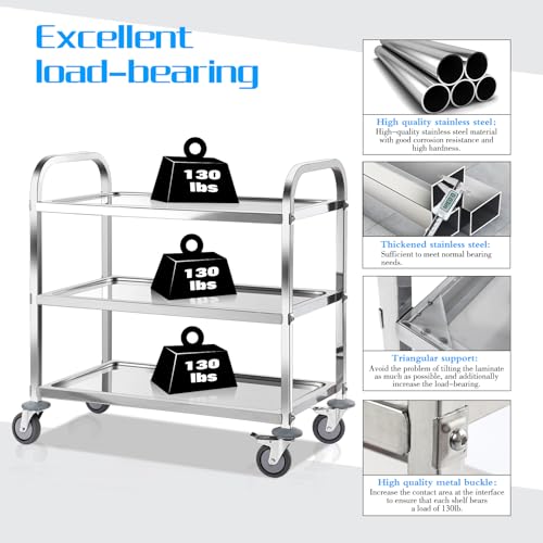 Aqniegep SSUC001 Utility Carts With Wheels Stainless Steel Cart 3 Tier Kitchen Cart Lab Medical Matel Cart With Lockable Wheels thumb #8