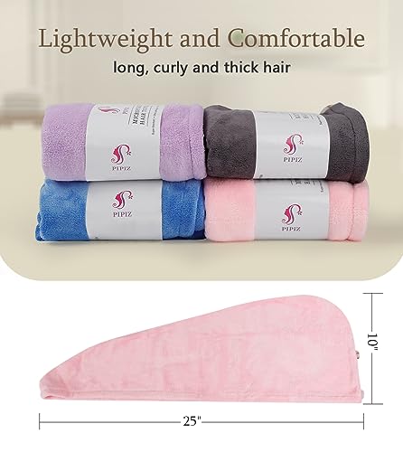 Pipiz Hair Towel Wrap For Women, 4 Packs Microfiber Hair Towels, Hair Turban Towel For Wet Hair Anti-Frizz #TOP4