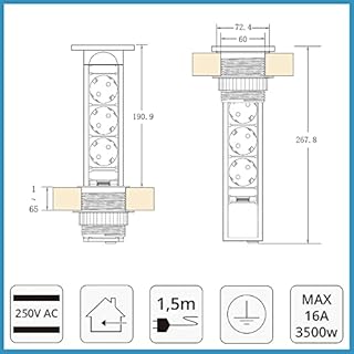 Elbe Inno Multiprise Escamotable de Table 3prises, étanche à l'eau, avec sécurité Enfants, Prise encastrée avec câble de raccordement de 1,5m, Prise de Courant idéale pour Le Bureau, la Cuisine