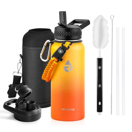 Image of RAYMYLO Insulated Water Bottle 32 oz, Triple Wall Vacuum Stainless Steel (Cold for 24Hrs, Hot for 12Hrs), Leak Proof & Non-BPA, Modern Water Flask Jug with Paracord Handle & Straw Spout Lids