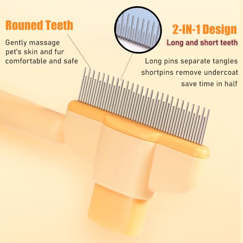 Image of Marchul Cat Comb with Release Button, Cat Grooming Comb with Long and Short Stainless Steel Metal Round Teeth, Pet Comb Brush for Removing Matted Fur, Knots & Loose Fur for Dogs and Cats(Yellow)