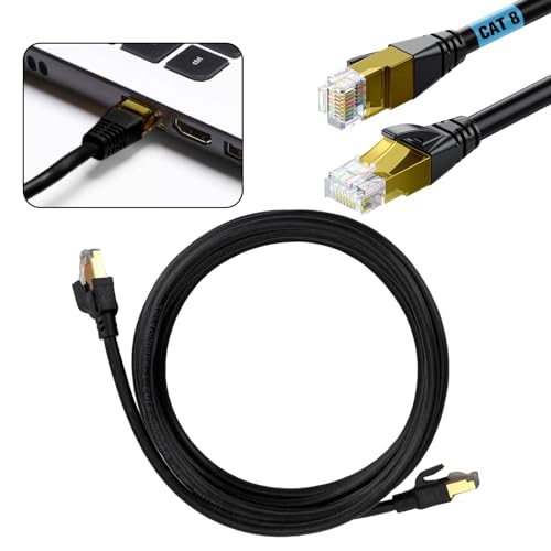 CAT 8 Ethernet Cable 3M - 40Gbps 2000MHz, High-Speed Shielded Flat LAN Network Cable with RJ45 Connector, Compatible with CAT6/CAT7 for Router, Modem, PC, PS5, Xbox - Black