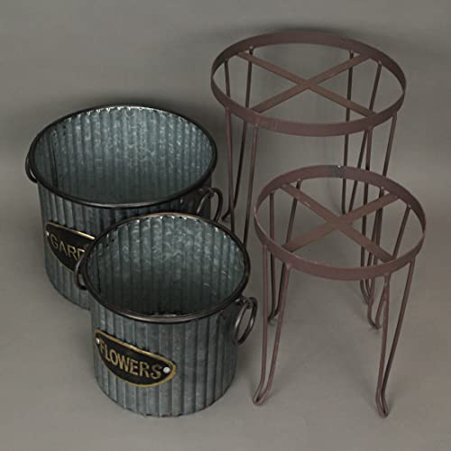 Zeckos Set Of 2 Rustic Corrugated Galvanized Grey Metal Round Indoor/Outdoor Garden Planters With Stands Plant Pots Western Décor 19.25, 16 Inches High #TOP6