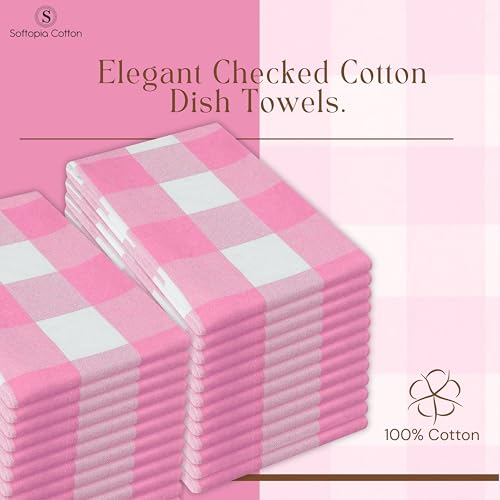Image of Buffalo Check 12 Pack Kitchen Towels, 16 inchx26 inch, Plaid Dish Towels, 100% Cotton, Absorbent, Washable, Everyday Kitchen Essentials, Soft Cloths for Cleaning, Drying Hands, Pink White
