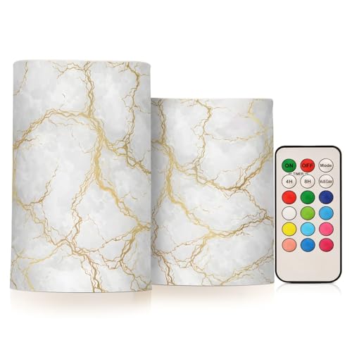 Image of Flickering Flameless Candles, Marble Gray White Golden Texture LED Candles with Remote Timer, Set of 2 Battery Operated Candle for Valentine Wedding Birthday