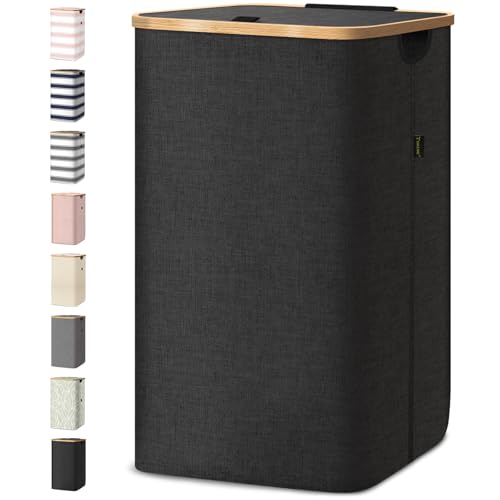 Image of BALEINE Laundry Hamper with Lid, Tall Laundry Baskets with Bamboo Pull Handles, Large Laundry Bin with Internal Support (26 Gal/100L, Black)