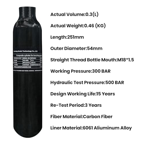 TUXING 4500Psi Pcp Air Tank 0.3L 18Cu in 300cc Carbon Fiber HPA Tank,Gas Cylinder,Paintball Hunting for PCP Air Rifle Gun Daystate and FX Thread M18 * 1.5 (Carbon Fiber)
