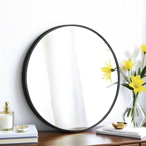 Image of SCWF-GZ 20" Round Mirror Circle Wall Mounted Hanging or Against Wall Metal Frame Dressing Make-up Mirrors for Entryway Bedroom Bathroom Living Room 20 inch Black