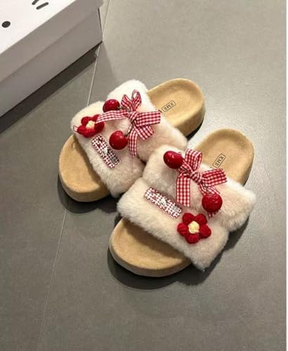 ZQW Plush Fuzzy Cartoon Slippers Y2K Bow Floral Chunky Platform Slides Non-Slip Comfortable Casual Dressy Shoes for Women4