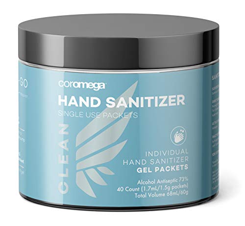 Coromega Individual Hand Sanitizer Gel Packets, Sanitary Single Use, Portable, Perfect for On The Go, Just Tear and Squeeze, Made in The USA, 40ct Jar
