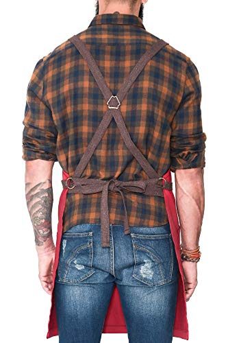 Under NY Sky Essential Cherry Red Apron – Cross-Back with Durable Twill and Leather Reinforcement – Adjustable for Men and Women – Pro Chef, Tattoo Artist, Baker, Barista, Bartender, Server Aprons - Thumbnail 6