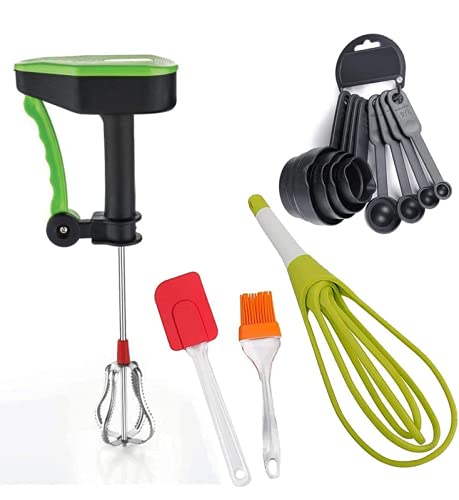 Diamond King Kitchen Plastic Baking Tools Combo of Power Free Manual Hand Blender, Whisk/Egg Beater, Basting Spatula, Silicone Oil Brush and Measuring Spoon & Cup – 8 Pieces (Multicolor)