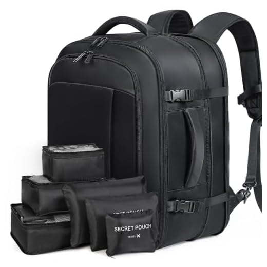 Lekespring Mochila Viaje Cabina Avion Extensible (30L-40L) | Mochila Viaje Mujer Hombre con 6 Bolsas Organizadoras- Vueling Iberia United Ryanair Air Europa - Expandible Negro