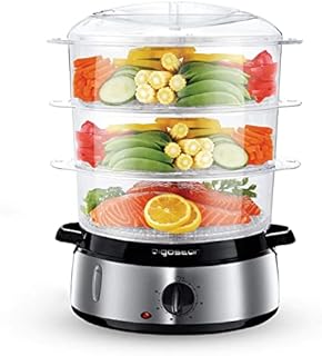 Aigostar 3 Tier Food Steamer, Electric Vegetable Steamer with BPA Free Baskets and Rice Bowl, 9 Litre, Stainless Steel Base, 800W, Energy Saving, Silver