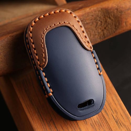Image of Keyzone Dual Leather Key Cover for Hyundai Verna 2020 Onwards 4 Button smart Key (Blue-Brown)