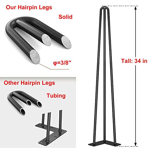 Penck 34 Inch Hairpin Table Legs Heavy Duty 3/8 Inch Satin Black Set Of 4 + Leg Protectors(4) + Screws(20) - Mid-Century Modern Legs For Coffee, Chairs, Home Diy Projects -Bar Height Table Legs #TOP1