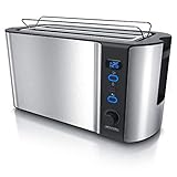Der leistungsstarke 1500 W Toaster verfügt über zwei Schlitze, in die insgesamt vier Scheiben Toast passen. Das Design des Gerätes ist platzsparend und optisch elegant. Die Brotscheibenzentrierung sorgt für eine gleichmäßige Bräunung beider Brotseiten.