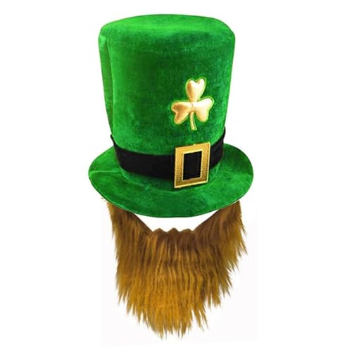 AWAVM Adult Deluxe Green Leprechaun Top Hat with Ginger Beard St Patrick's Day Accessories Velvet Hat One Size Irish Fancy Dress Costume Accessory for Men and...