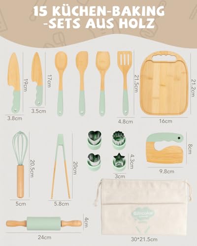 Kindermesser Set – 15-teilig mit sicherem Kiddikutter, Holzmesser Schneidebrett – Montessori Küchenset zum Schneiden Lernen ab 3 Jahre (Grün)