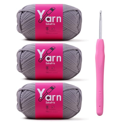 Image of Crochet Yarn 150g /163.5yds Cotton Yarn for Crocheting - Crochet Knitting Yarn for Beginners with Easy-to-See Stitches - Yarn for Crocheting - Parfait Chunky Yarn -Cotton-Nylon Blend (Grayish)