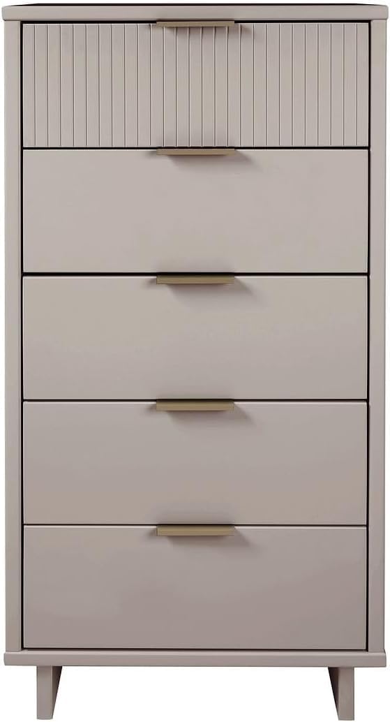 Manhattan Comfort Granville 24-Inch Modern Tall Dresser with 5 Full Extension Soft Close Drawers, Textured Ribbed Lines Design Made of Solid Wood with Gold Accent, TV Stand for Bedroom, Light Grey