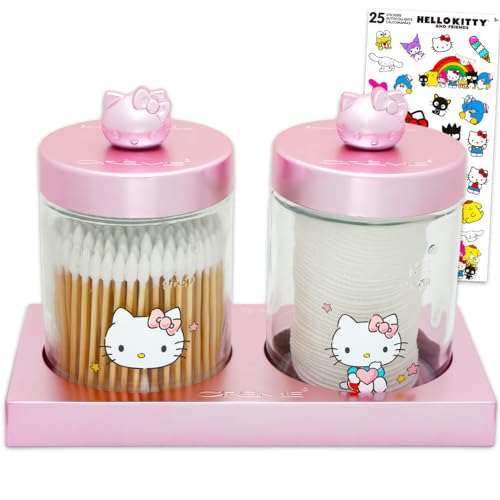 The Creme Shop x Hello Kitty Cotton Swabs and Pads Set - Bundle with Reusable Glass Jars Filled with Cotton Pads and Double-Sided Swabs Plus Stickers | Hello Kitty Vanity Accessories