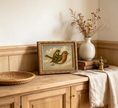 Vintage Gold Framed Whimsical Frog Robin Wall Art, Frog Riding Bird Oil Painting Canvas Print, Whimsical Animal Aviator Wall Decor, Antique Funny Quirky Animal Poster Artwork for Living Room Bedroom — view 4