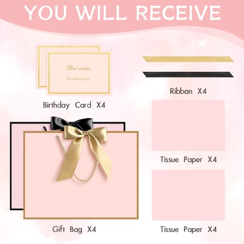 Image of JMANNI Gift Bags with Handles, 13 inch Medium Gift Bag for Presents, 4 Pcs Bags with 8 Tissue Paper and 4 Cards for Graduation Baby Shower Wedding Fathers Day Mother's Day Birthday Party(pink black)
