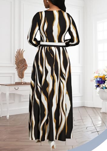 Image of BubFee Long Dress for Women Casual Long Sleeve Dresses Maxi Dress Empire Waist Loose with Belt