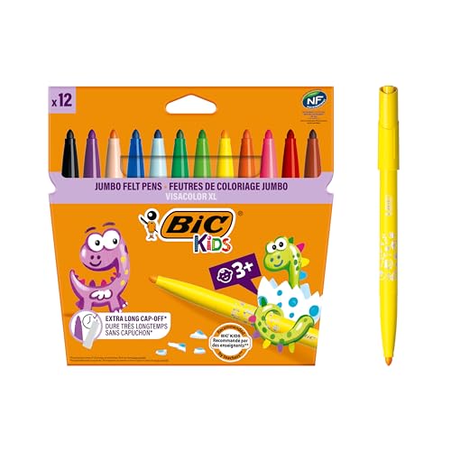 BIC Kids Visacolor XL Feutres de Coloriage à Pointe Large, Lavables, Encre à base d'eau - Couleurs Assorties, Etui Carton de 12